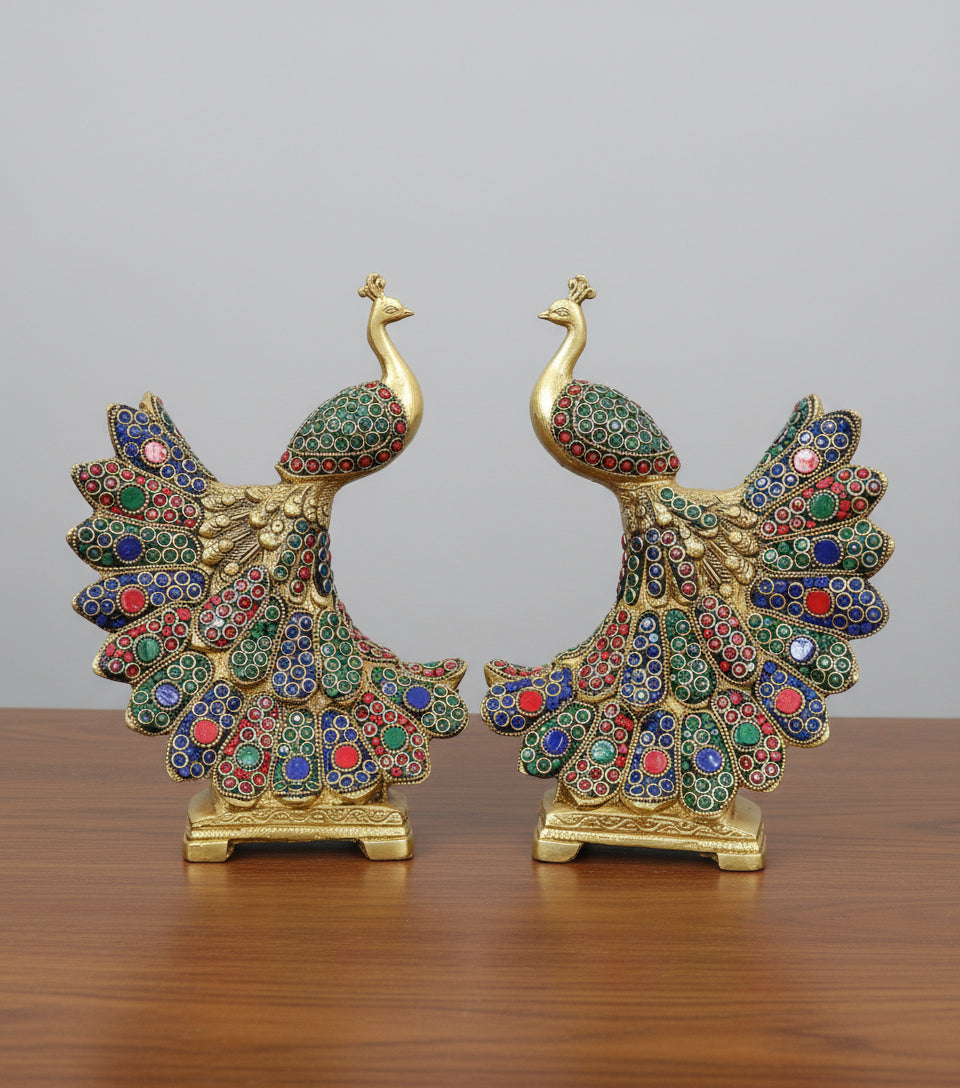 brass with stonework peacock pair statue for home décor