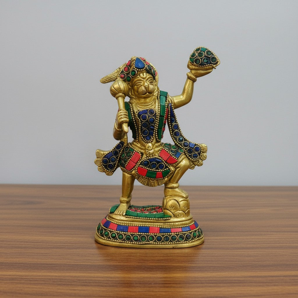 brass with stonework hanuman holding parvat statue for temple décor