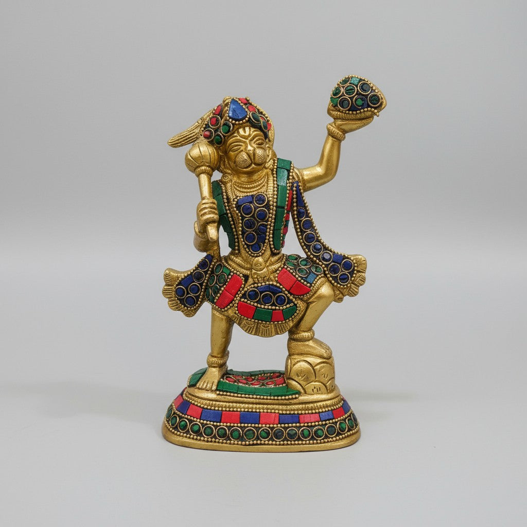 brass with stonework hanuman holding parvat statue for temple décor