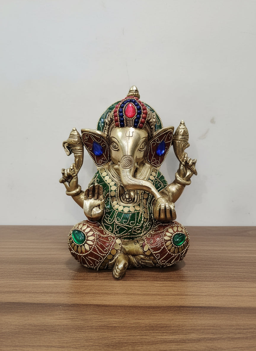 brass with stonework sitting ganesh statue for home décor/ gift item