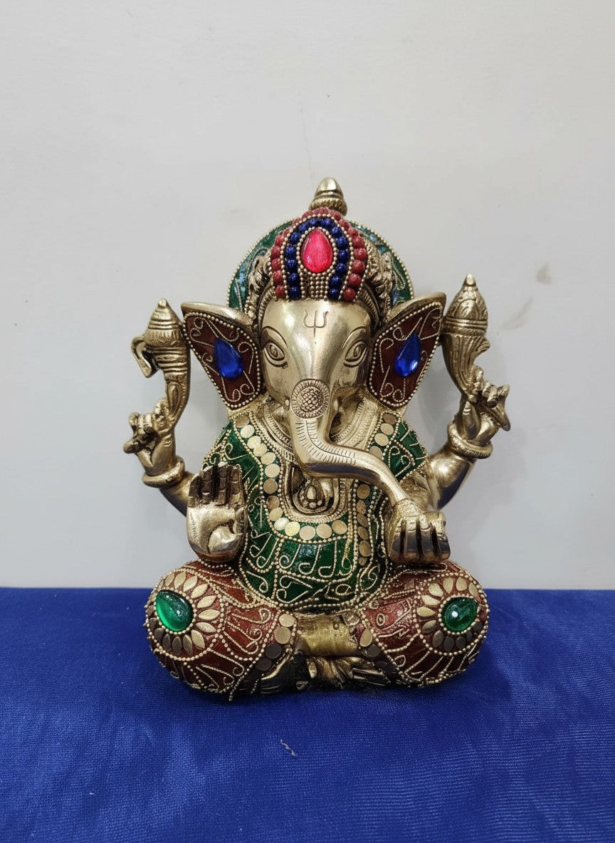 brass with stonework sitting ganesh statue for home décor/ gift item