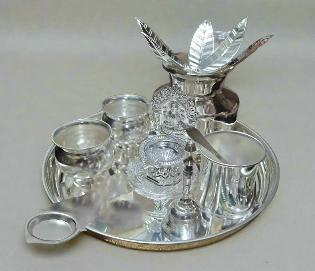 German Silver Pooja Thali Combo Set with Traditional Accessories | Puja Plate for Diwali, Housewarming, Rakhi, Karwa Chauth & Festivals | Religious Gift Item for Home Temple