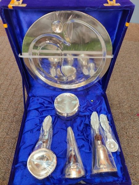 German silver pooja thali combo set - 6 pieces set in a velvet box for Diwali/ housewarming