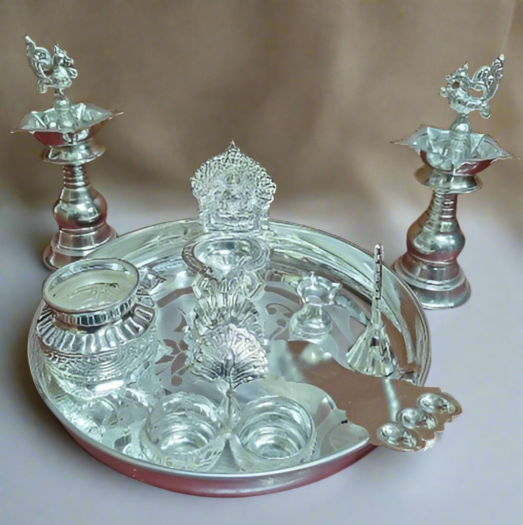 Pure German Silver Washable Pooja thali Set for Diwali Pooja/Housewarming