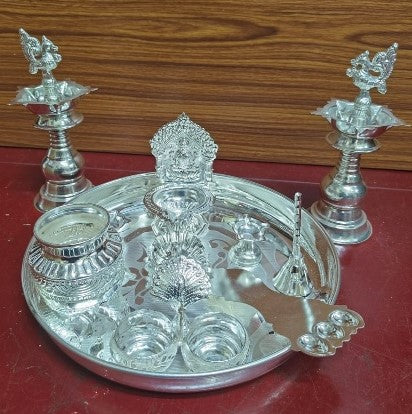 Pure German Silver Washable Pooja thali Set for Diwali Pooja/Housewarming