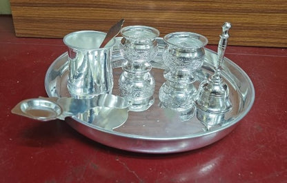 pure German silver washable pooja thali set for diwali pooja/ housewarming, set of 6 pieces