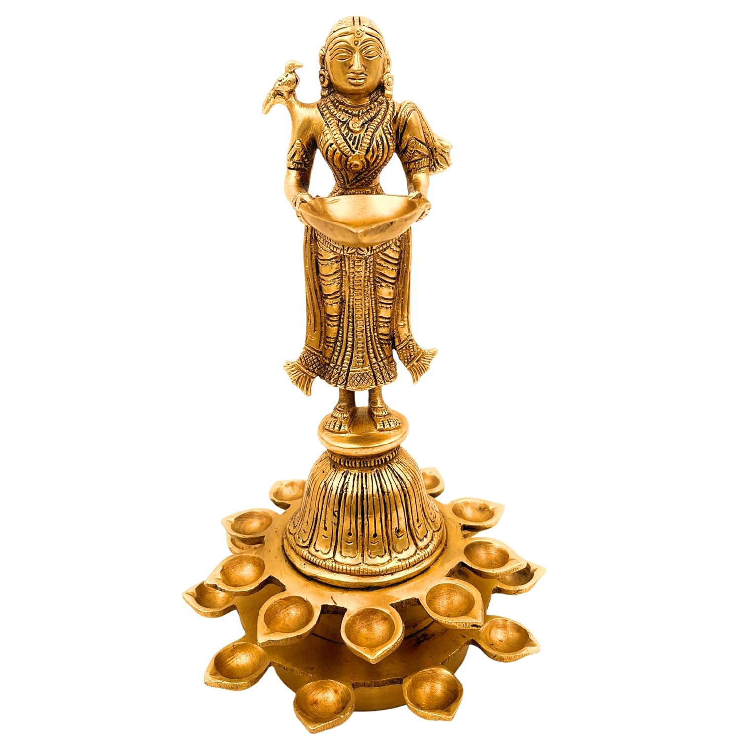 Brass deep Lakshmi Standing with 21 Diya's, Size : 11"" Height, 1 Piece, Gold