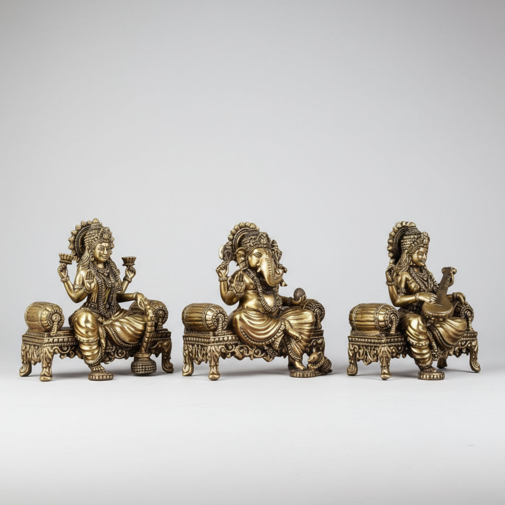 Brass Saraswati Ganesh Lakshmi Idol Set of 3 Pieces for Home Temple/Home Decor/Gift Item