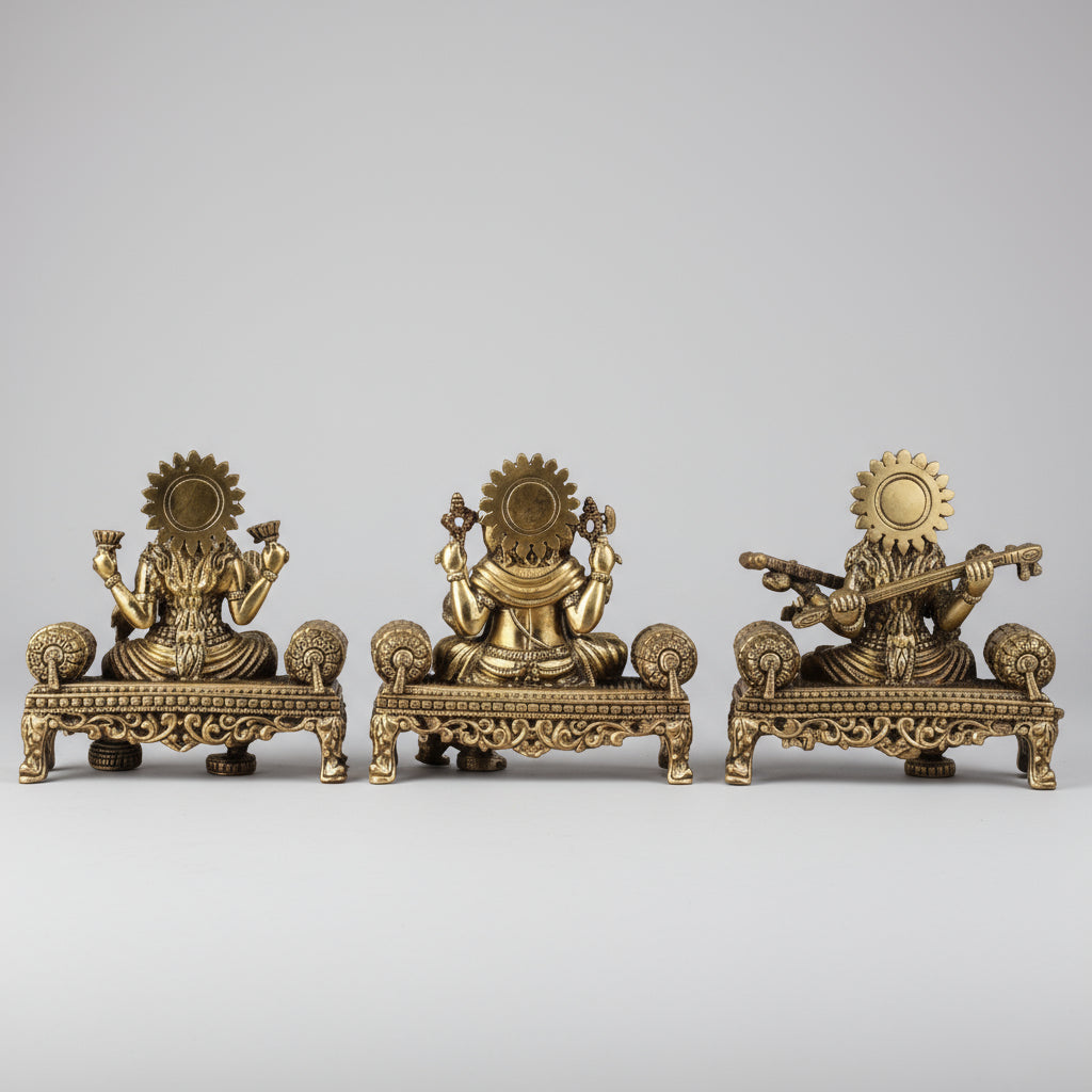 Brass Saraswati Ganesh Lakshmi Idol Set of 3 Pieces for Home Temple/Home Decor/Gift Item