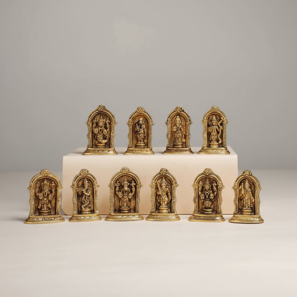 Brass Vishnu Das Avatar Set, 3"" Home Decor/Gift Item/Home Temple Idol Set of 10, Gold