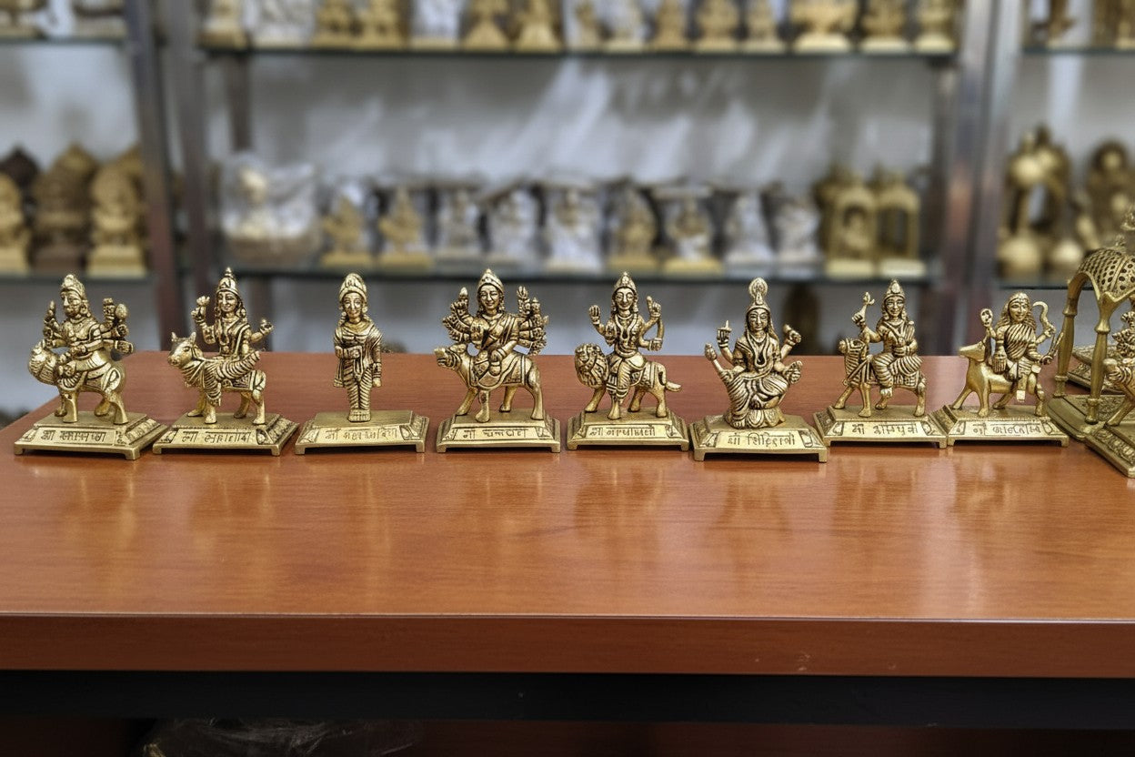 Brass 9 Durga Statue Idol Set for Home Temple/Home Decor/Gift Item. Size : 5.5"", Gold,