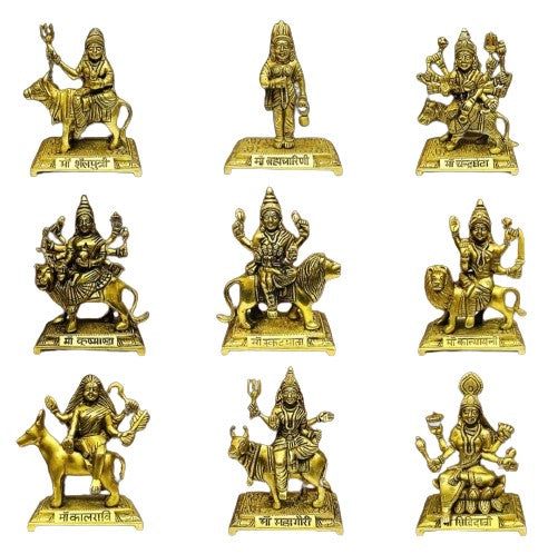 Brass 9 Durga Statue Idol Set for Home Temple/Home Decor/Gift Item. Size : 5.5"", Gold,