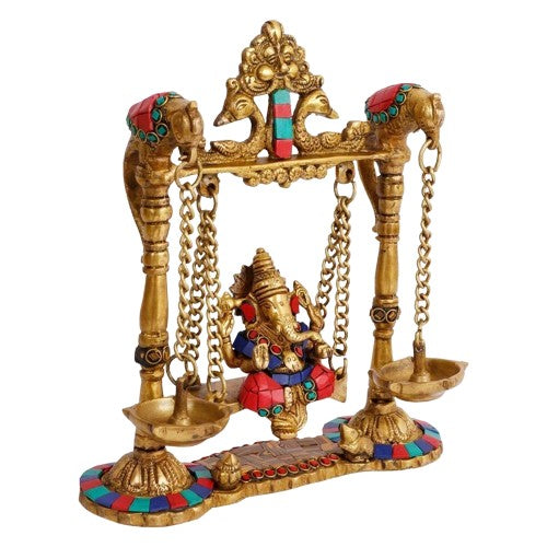 Brass with Stone Work Ganesh jhula with Diya on Both Side Home Decor