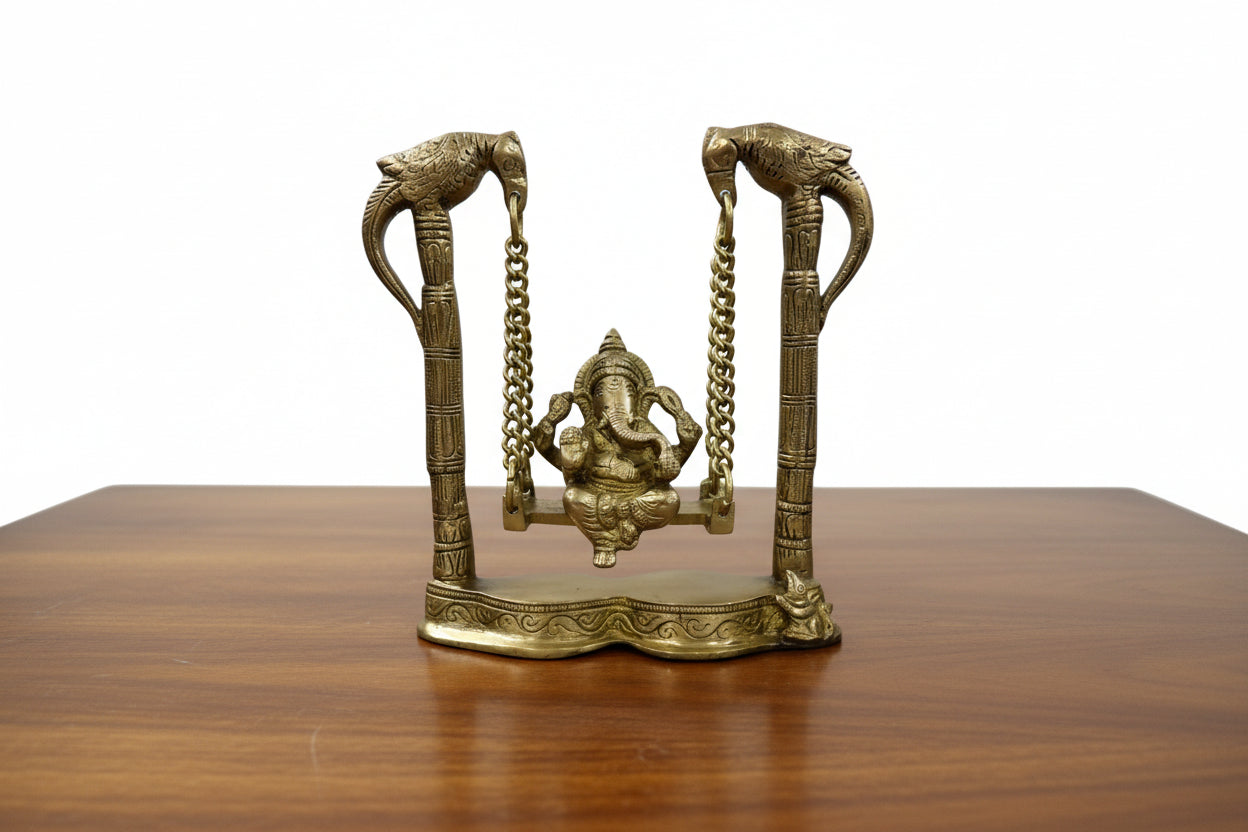 Brass Ganesh on Swing with Parrots on Both Sides Home Decor/Home Temple/Gift