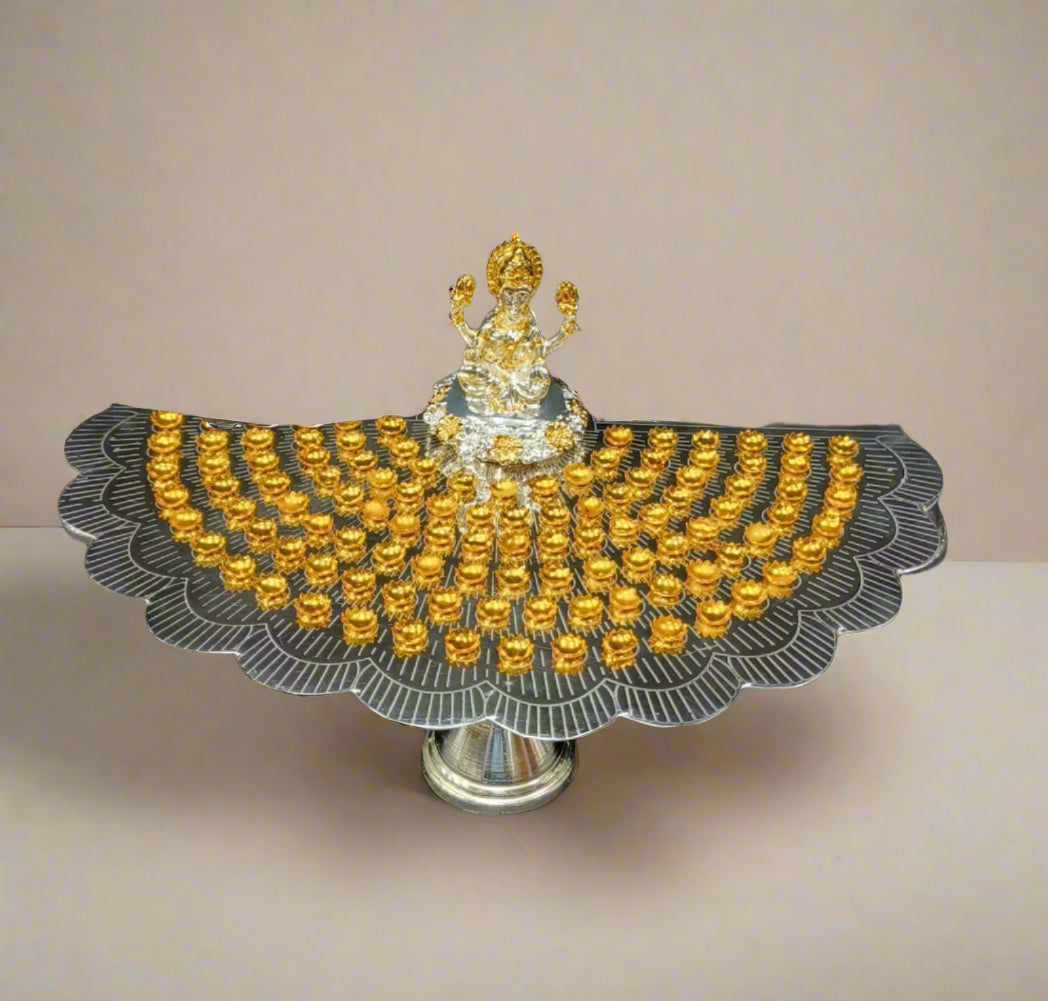 German silver flower stand with 108 golden flowers with Lakshmi idol