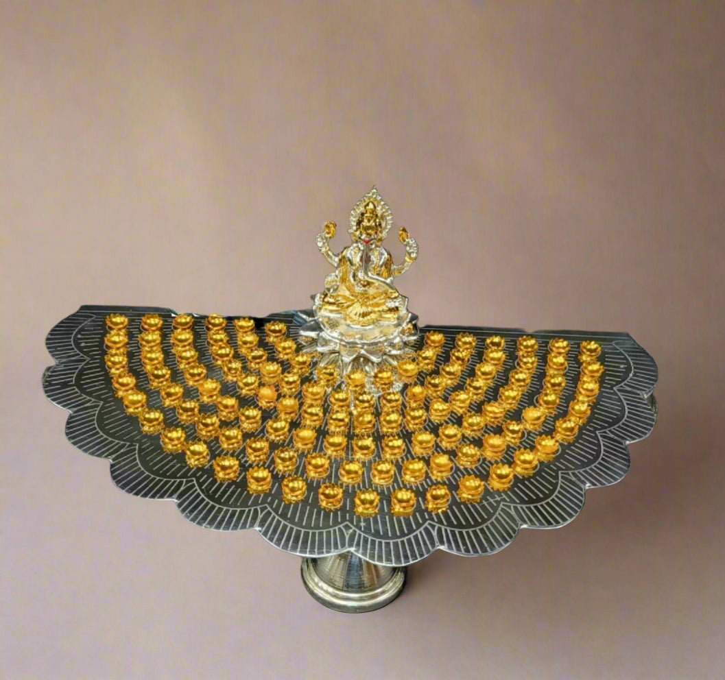 German silver flower stand with 108 golden flowers with Ganesh idol