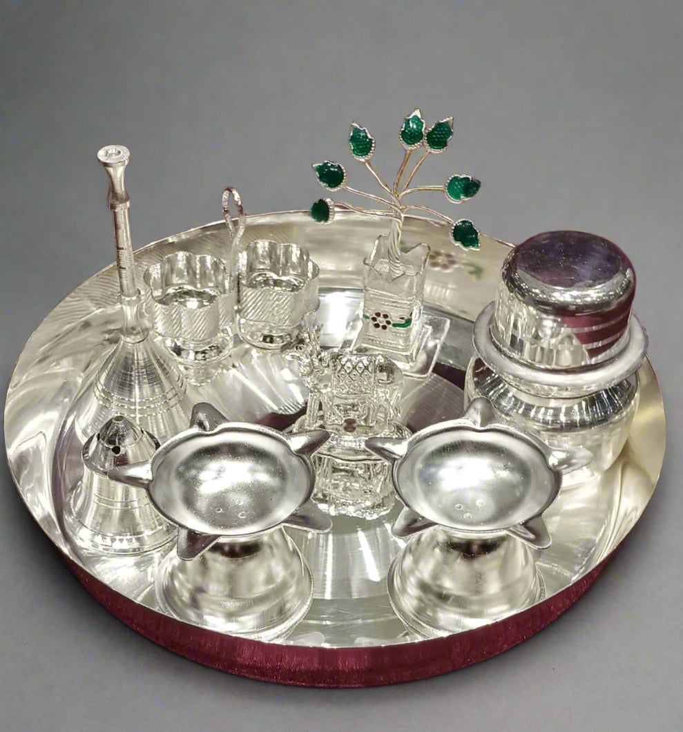 silver plated set of 9 pieces pooja thali set for housewarming pooja/ Diwali/ festival