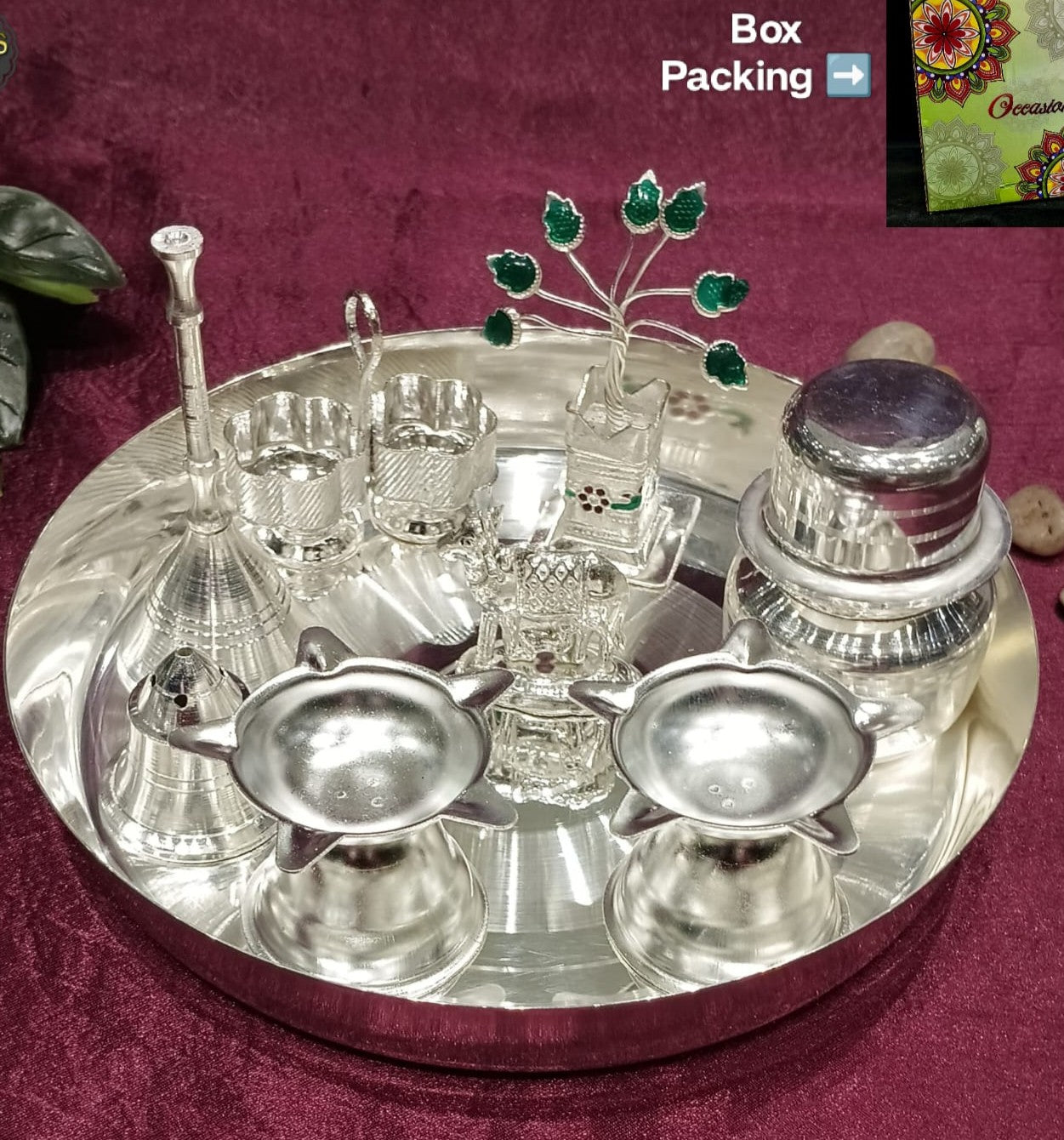 silver plated set of 9 pieces pooja thali set for housewarming pooja/ Diwali/ festival