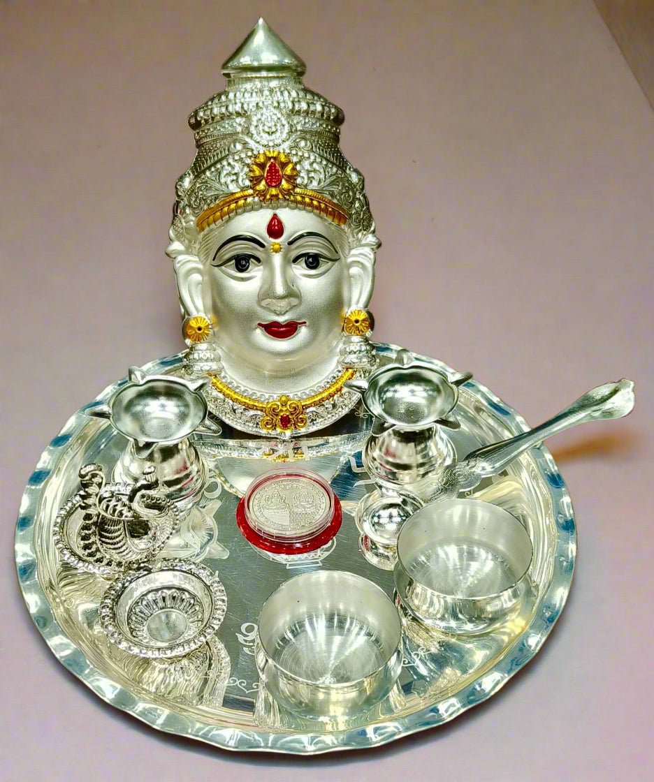 silver plated set of 9 pieces pooja thali set for housewarming pooja/ Diwali