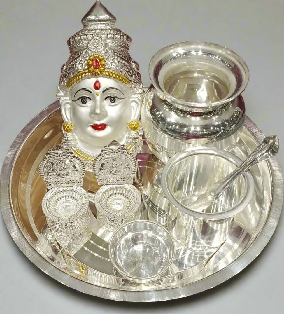 silver plated pooja thali set for housewarming/ diwali set of 8 pieces