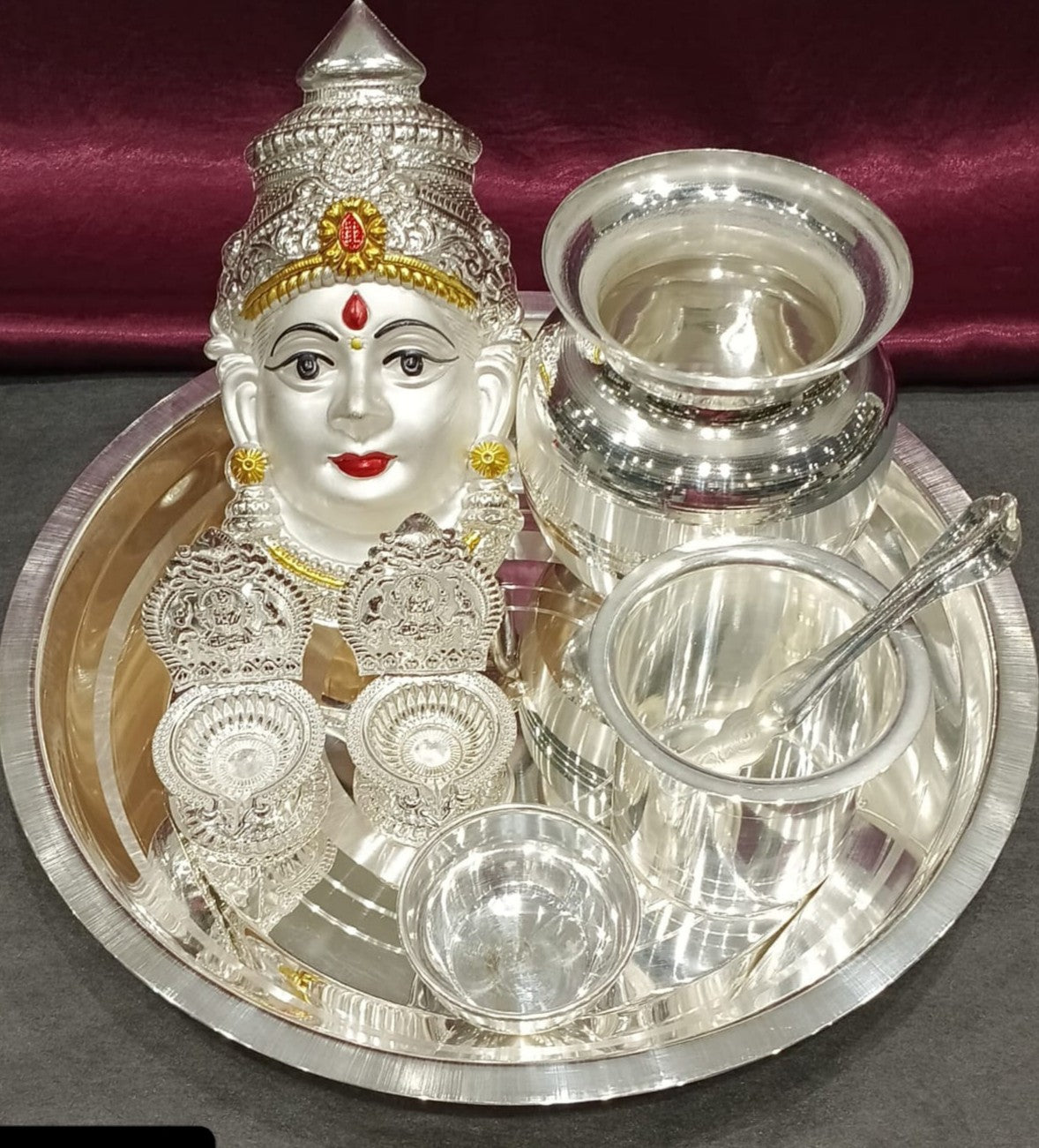 silver plated pooja thali set for housewarming/ diwali set of 8 pieces