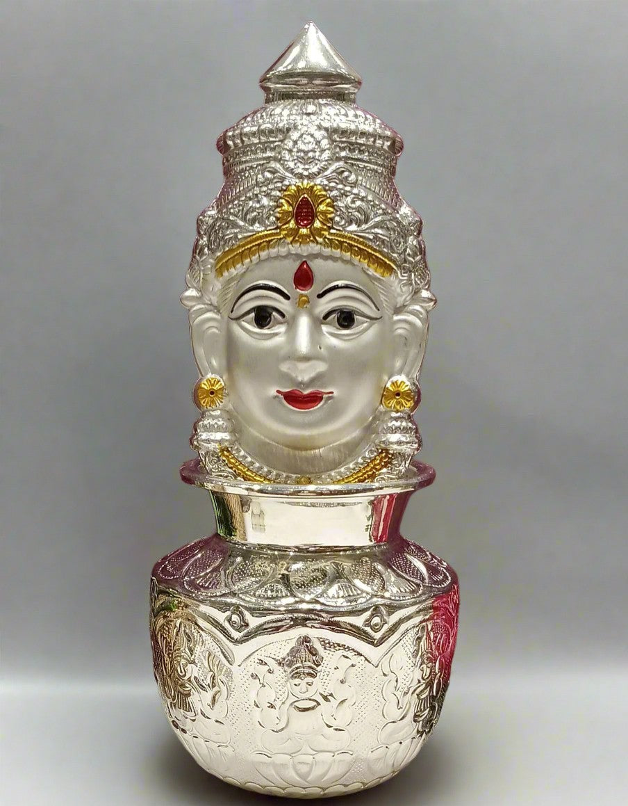 silver plated kalash with lakshmi mukut/face for housewarming/ diwali