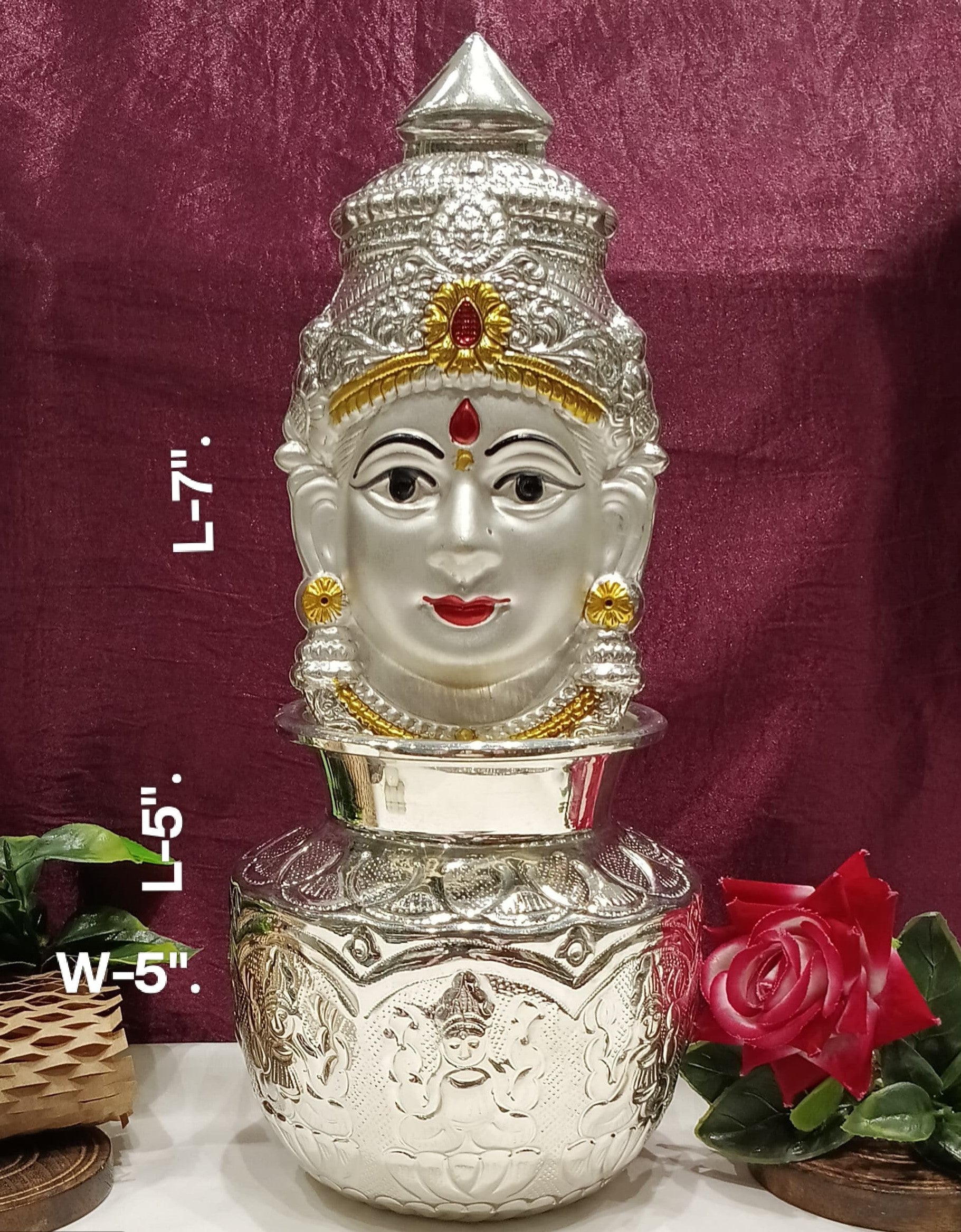silver plated kalash with lakshmi mukut/face for housewarming/ diwali
