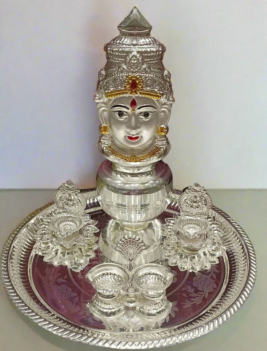 silver plated pooja thali set for housewarming/ diwali set of 6 pieces