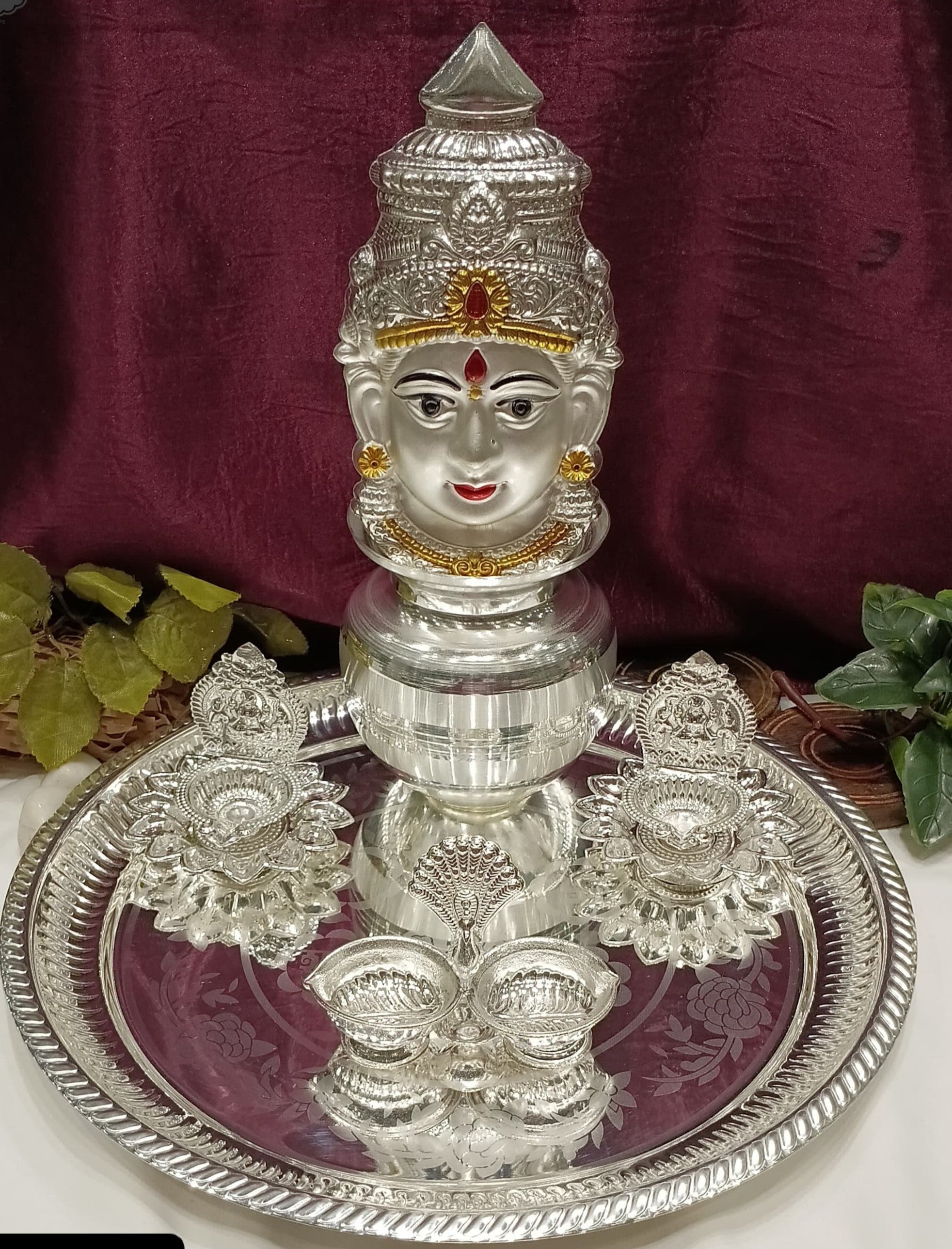 silver plated pooja thali set for housewarming/ diwali set of 6 pieces