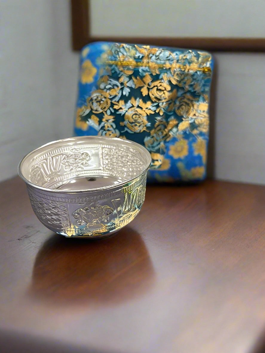 german silver set of 10 give away bowls with lotus flower and net bag give away item