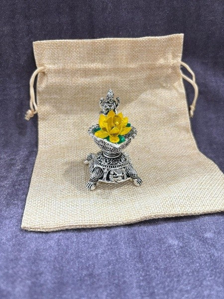 silver plated set of 2 lakshmi diya with lotus and bag for home/ gift item