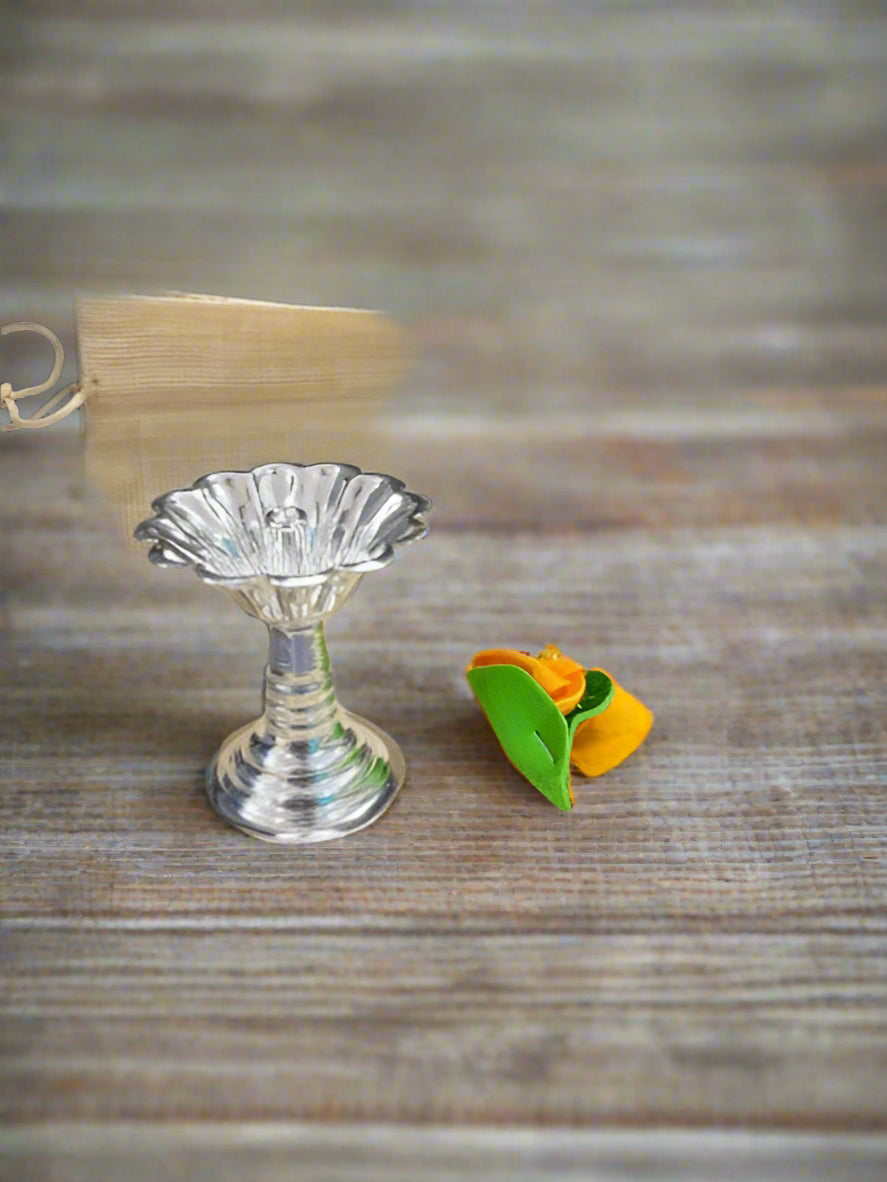 german silver set of 10 lotus diya with 10 flower, 10 jute bags for give away item