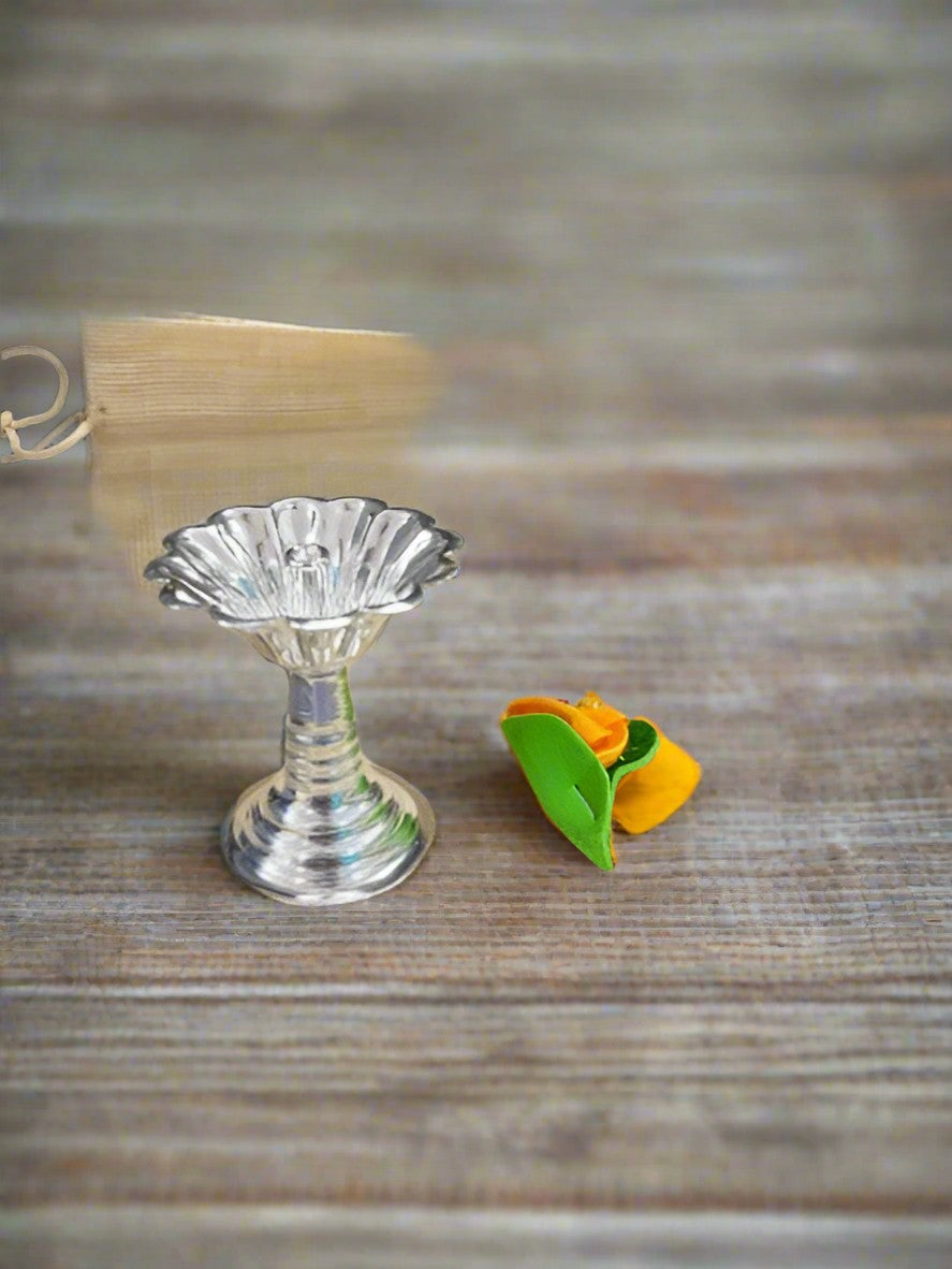 german silver set of 10 lotus diya with 10 flower, 10 jute bags for give away item