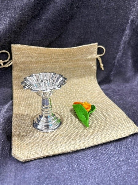 german silver set of 10 lotus diya with 10 flower, 10 jute bags for give away item
