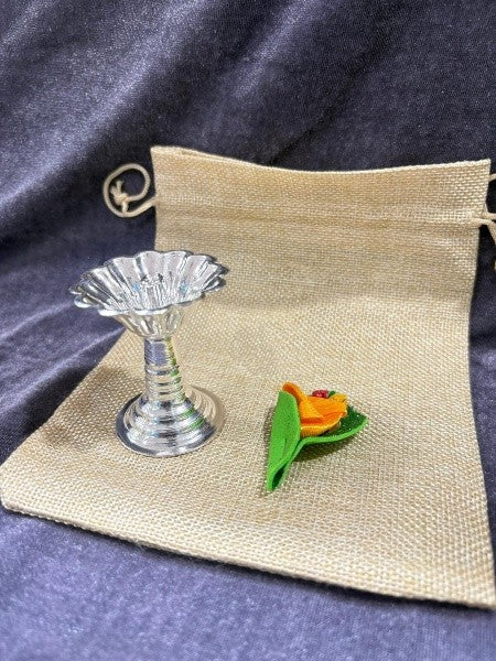 german silver set of 10 lotus diya with 10 flower, 10 jute bags for give away item
