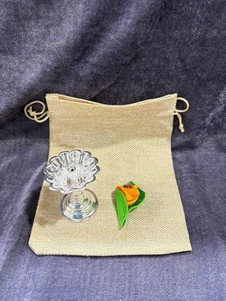 german silver set of 10 lotus diya with 10 flower, 10 jute bags for give away item