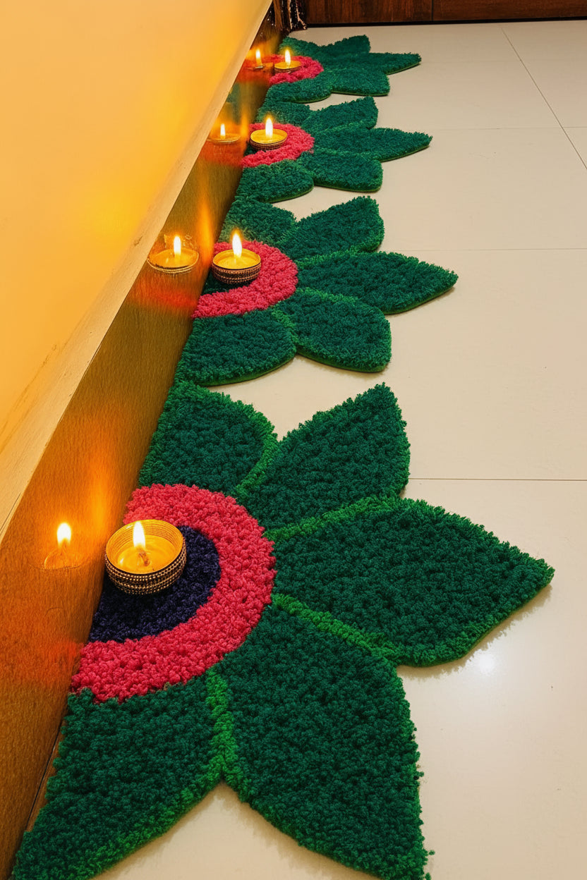 Sunflower Rangoli Green Mat – Festive Décor for Housewarming, Varalakshmi & Diwali, set of 8