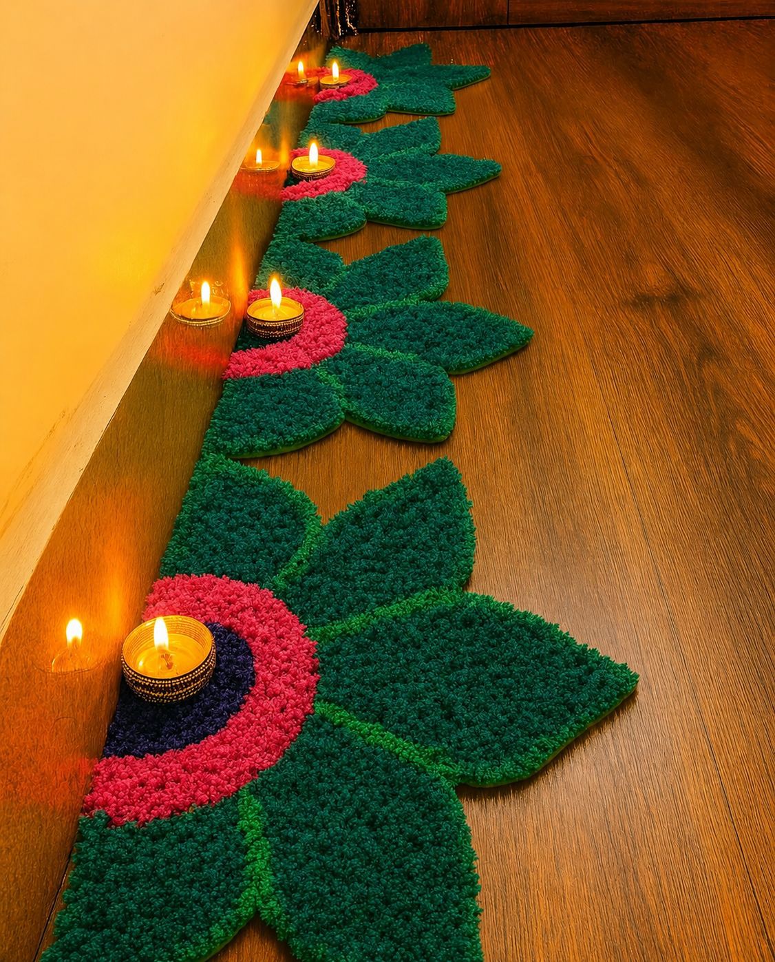 Sunflower Rangoli Green Mat – Festive Décor for Housewarming, Varalakshmi & Diwali, set of 8