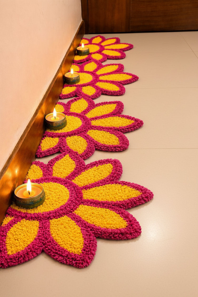 Sunflower set of 8 Rangoli Mat – Festive Décor for Housewarming, Varalakshmi & Diwali, yellow pink