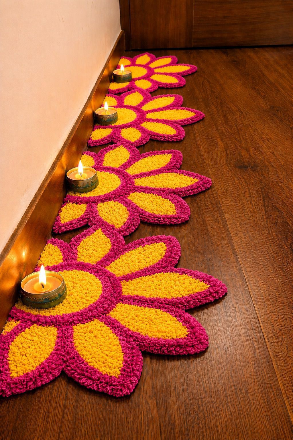Sunflower set of 8 Rangoli Mat – Festive Décor for Housewarming, Varalakshmi & Diwali, yellow pink