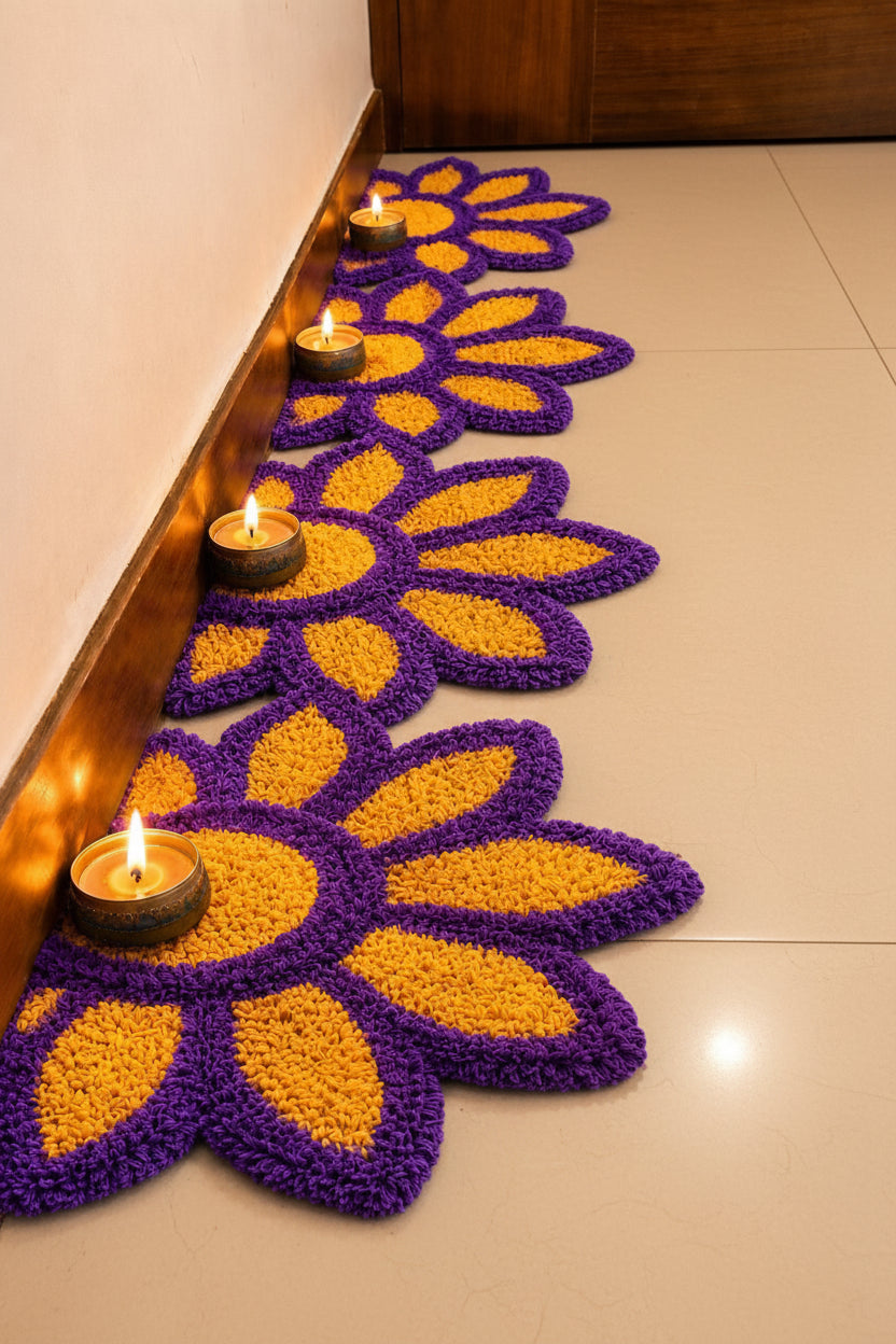 Sunflower set of 8 Rangoli Mat – Festive Décor for Housewarming, Varalakshmi & Diwali, yellow purple