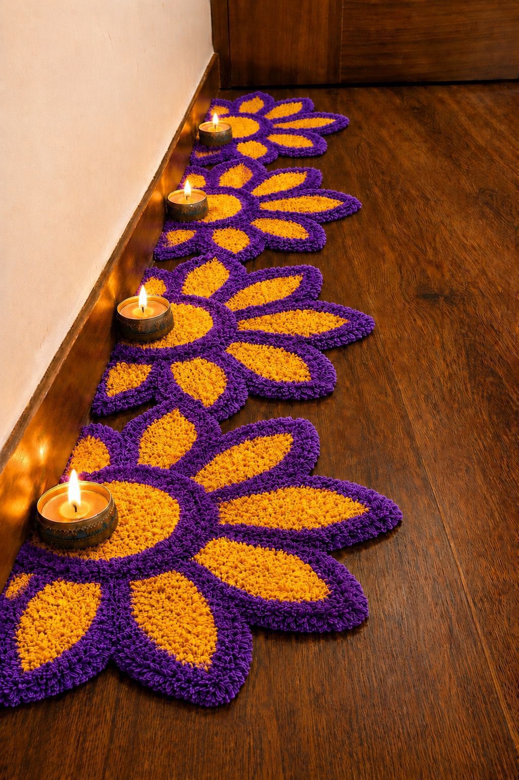 Sunflower set of 8 Rangoli Mat – Festive Décor for Housewarming, Varalakshmi & Diwali, yellow purple
