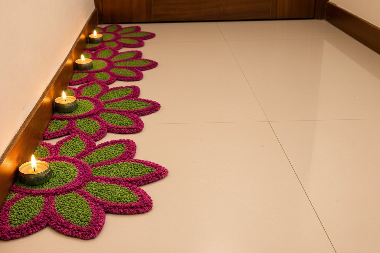 Sunflower set of 8 Rangoli Mat – Festive Décor for Housewarming, Varalakshmi & Diwali, green pink