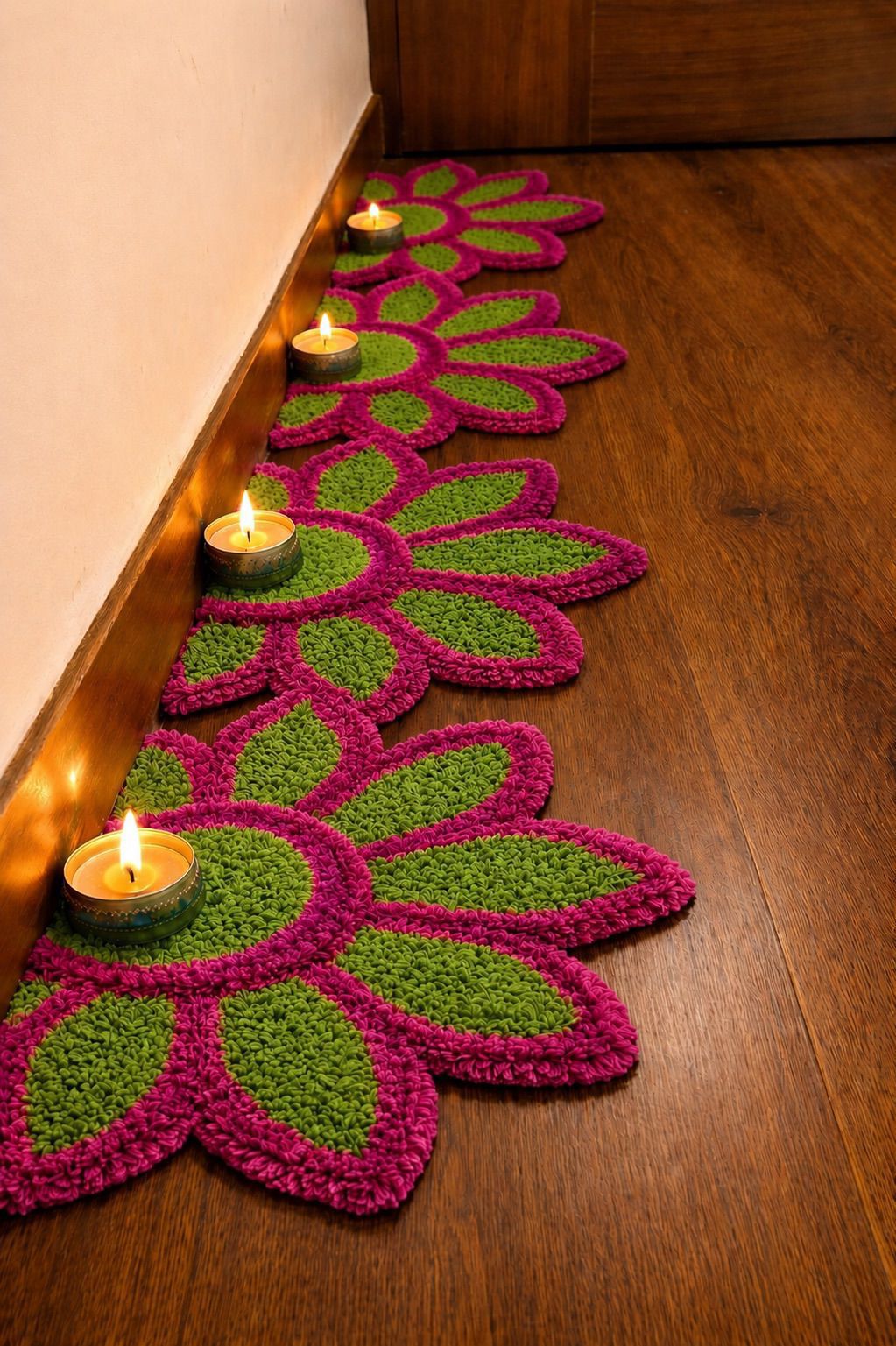 Sunflower set of 8 Rangoli Mat – Festive Décor for Housewarming, Varalakshmi & Diwali, green pink