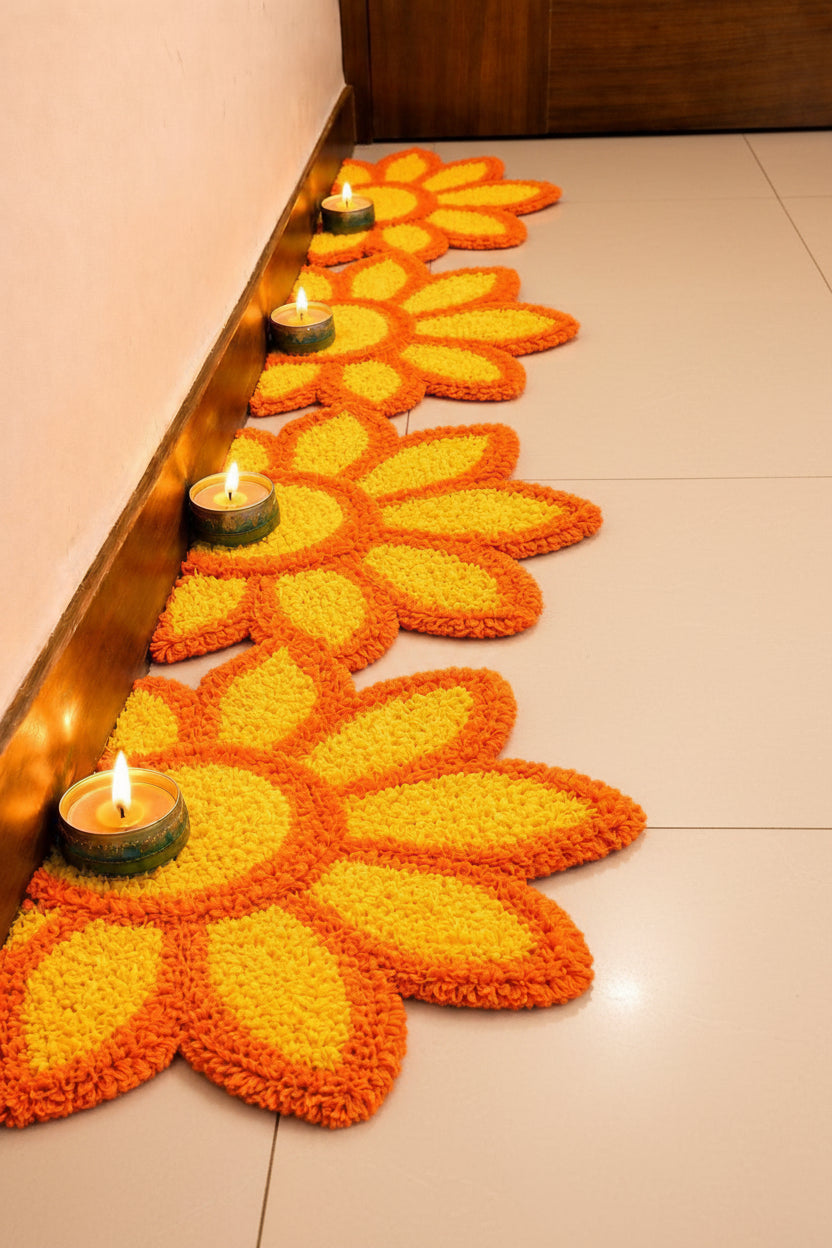 Sunflower set of 8 Rangoli Mat – Festive Décor for Housewarming, Varalakshmi & Diwali, yellow orange