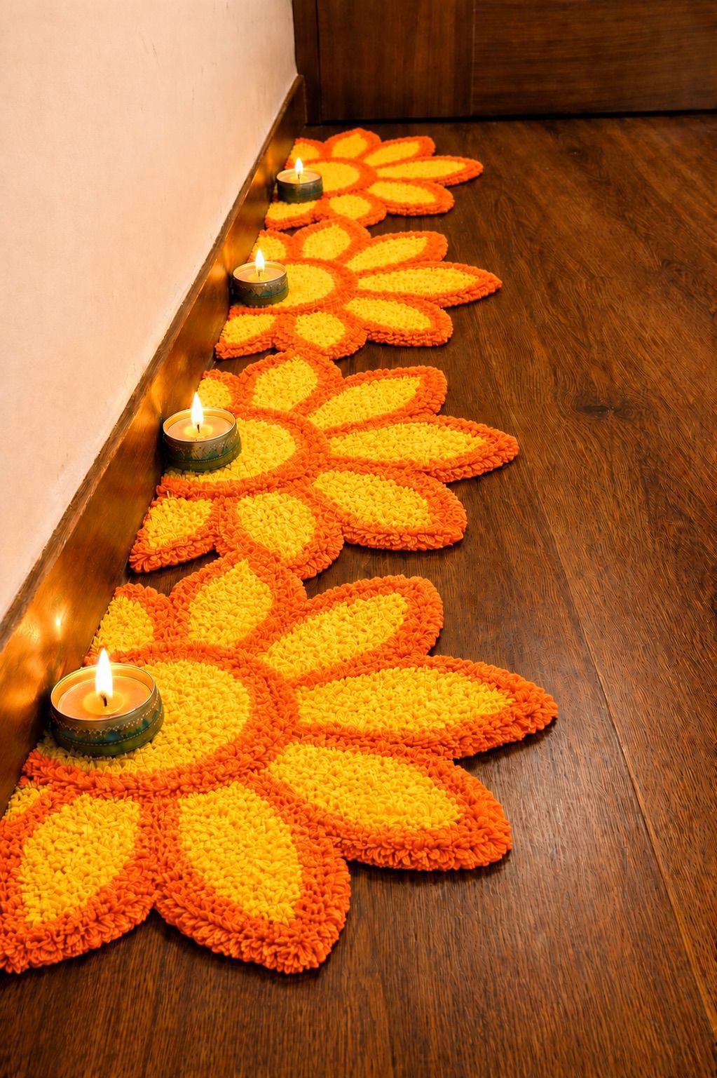 Sunflower set of 8 Rangoli Mat – Festive Décor for Housewarming, Varalakshmi & Diwali, yellow orange