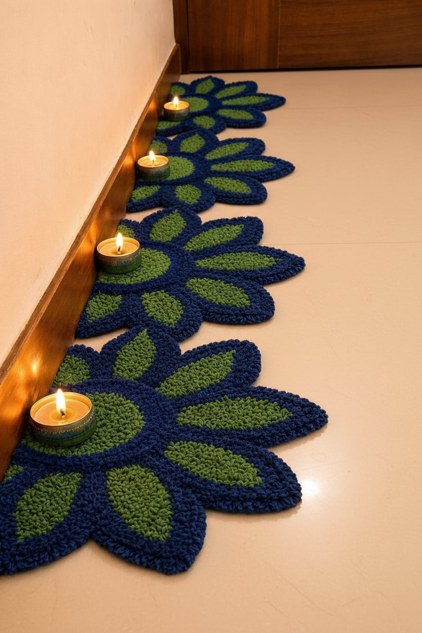Sunflower set of 8 Rangoli Mat – Festive Décor for Housewarming, Varalakshmi & Diwali, blue green