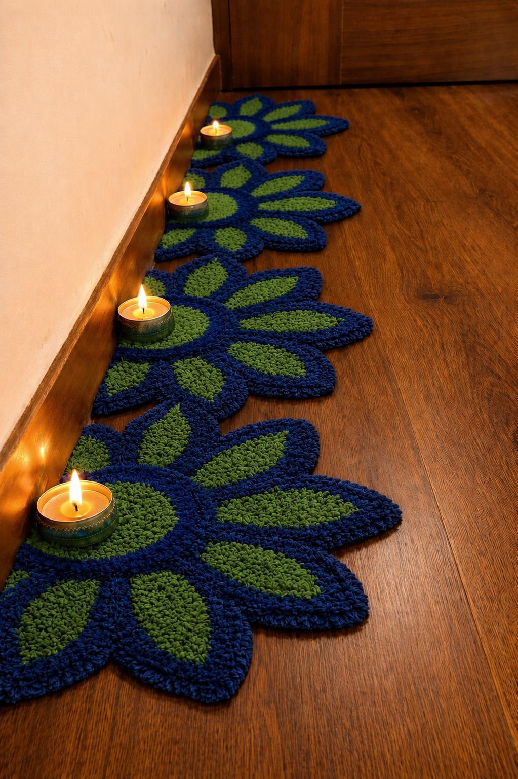 Sunflower set of 8 Rangoli Mat – Festive Décor for Housewarming, Varalakshmi & Diwali, blue green