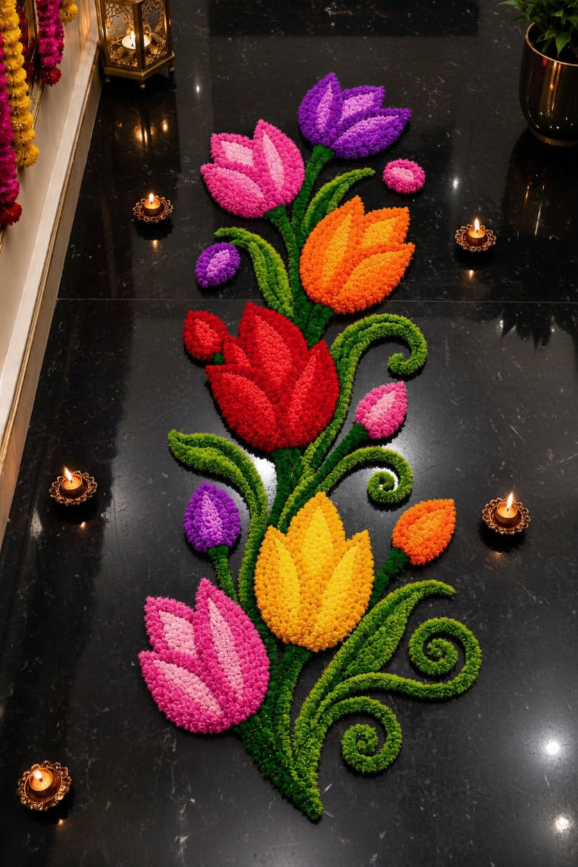 Tulip Trail Rangoli Mat – Single Piece Festive Décor for Housewarming, Varalakshmi & Diwali, multicolor