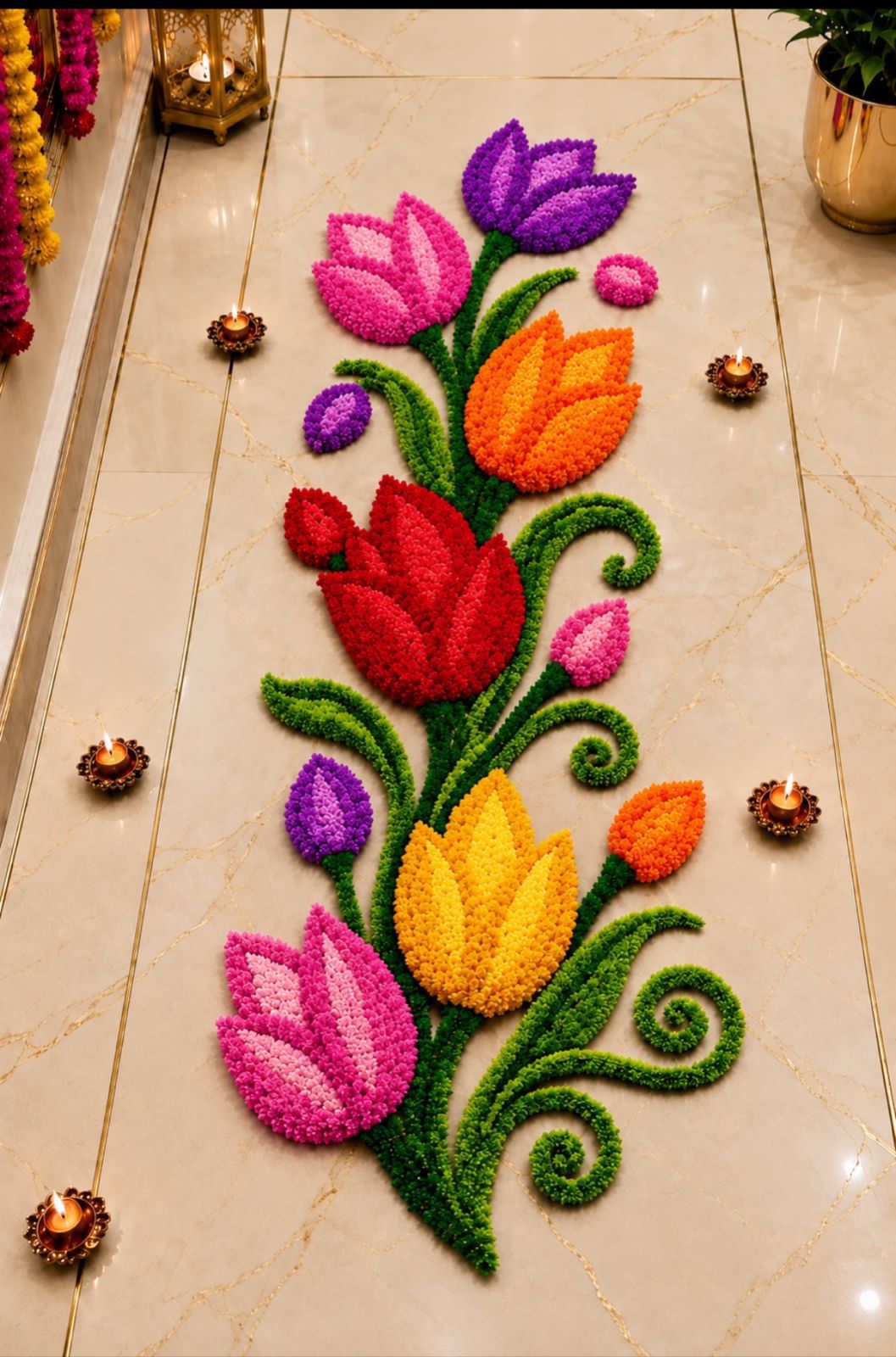 Tulip Trail Rangoli Mat – Single Piece Festive Décor for Housewarming, Varalakshmi & Diwali, multicolor